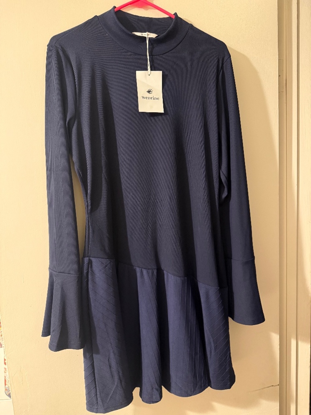 Wenrine Navy Mock Neck Long Sleeve Textured Pleated Dress NWT